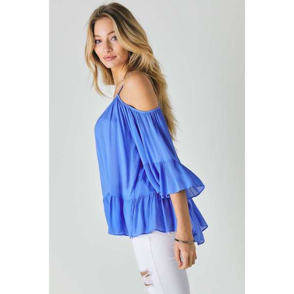 Ruffled Cold Shoulder Sheer Blouse Top - Picture 5 of 6